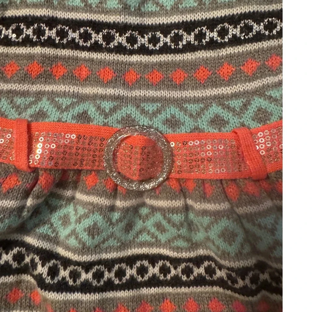 Little Lass Girls Fair Isle Sweater Dress Grey Teal Coral Sequin Belt Size 6